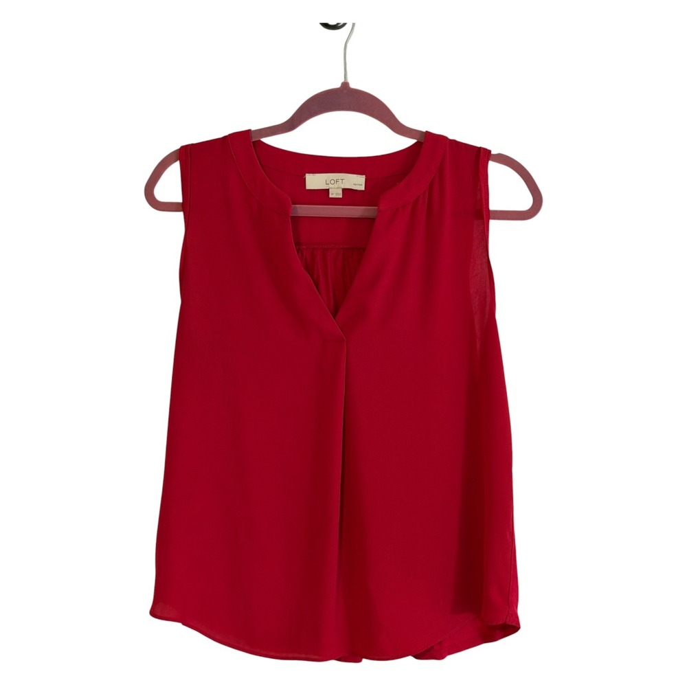 LOFT Sleeveless Blouse Red SP Womens V-Neck Pleated Shell